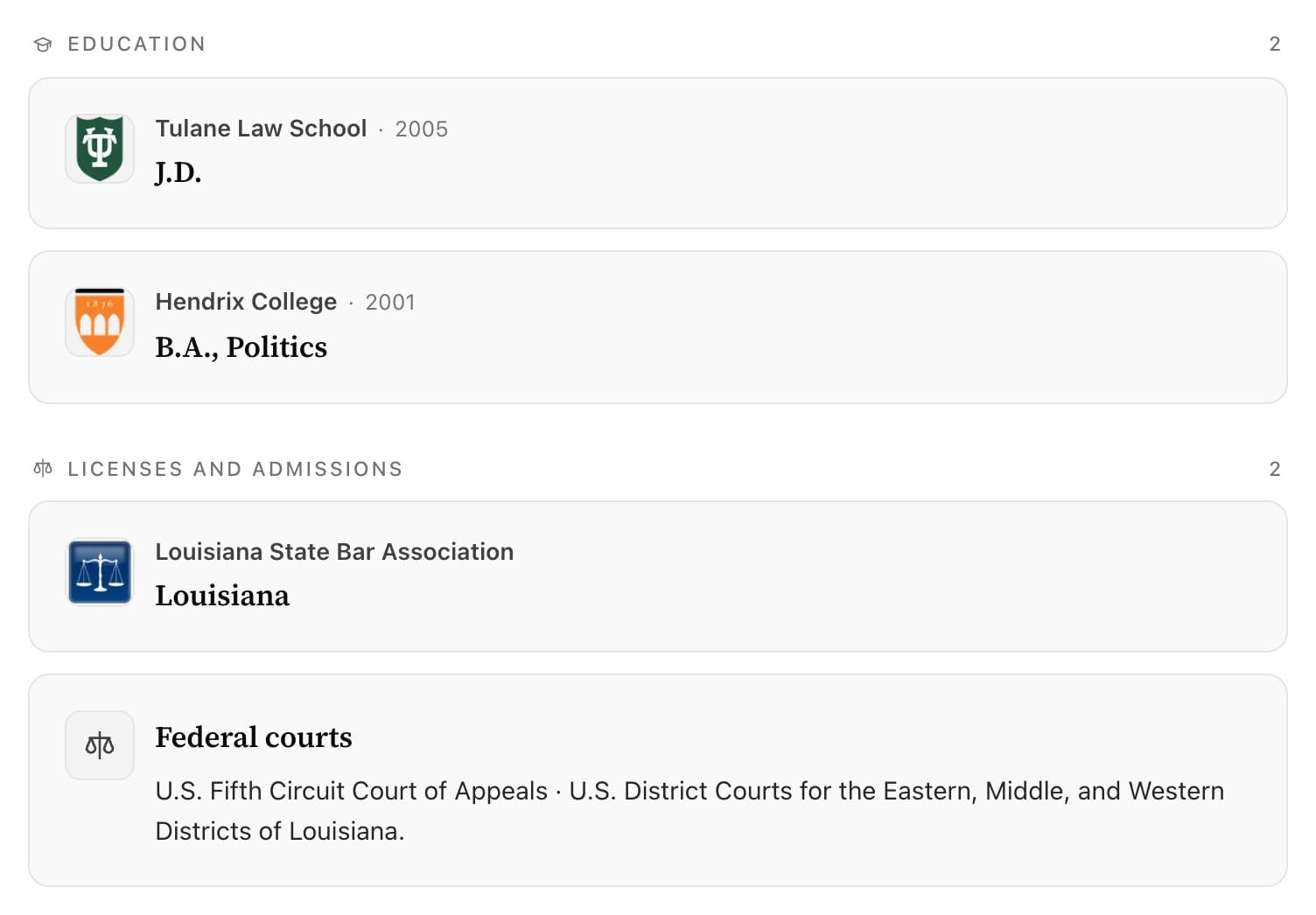 Credentials section of jedcain.com listing law degree, bar admission, and federal court admissions as structured entries