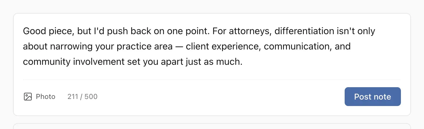 The publish.law Notes composer with a short comment typed in and a Post note button