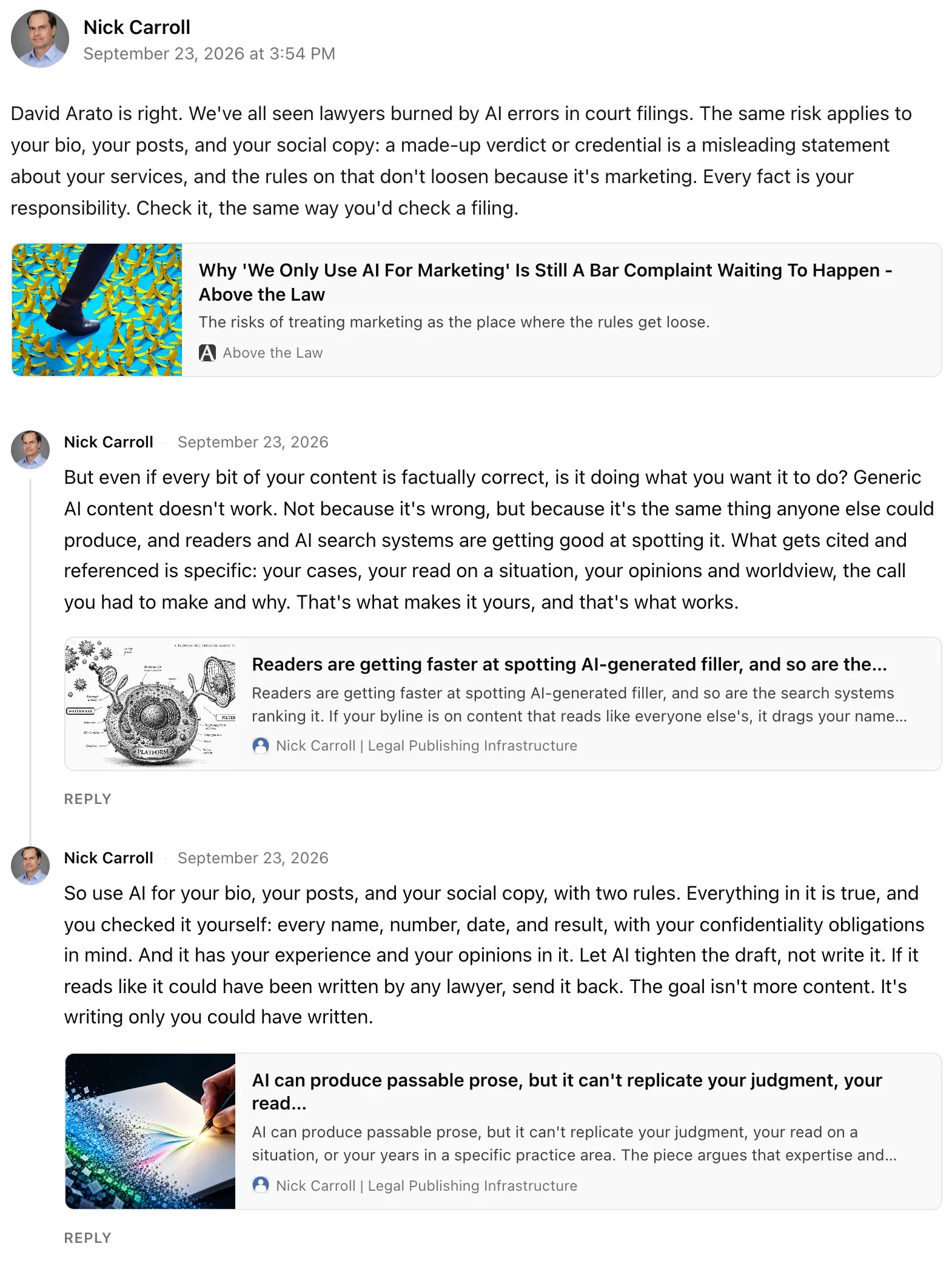 A note on nickcarroll.com with two follow-up replies from the author beneath it, each with a link preview card