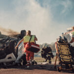 Paramedics and Firefighters attempt to Rescue Injured Victims Trapped in overturned Vehicle at accident scene