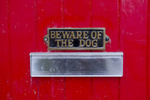 Beware of dog sign on front gate of house above letter box