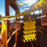 Yellow caution/hazard sign tag on caution tape at the entry of construction site