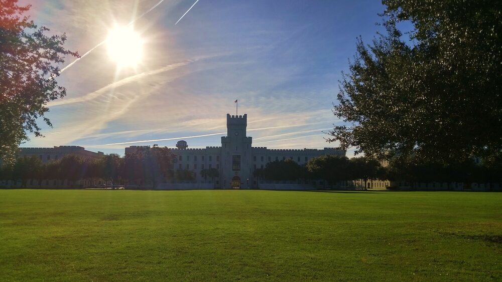 sun shining over the citadel college in charleston, south carolina