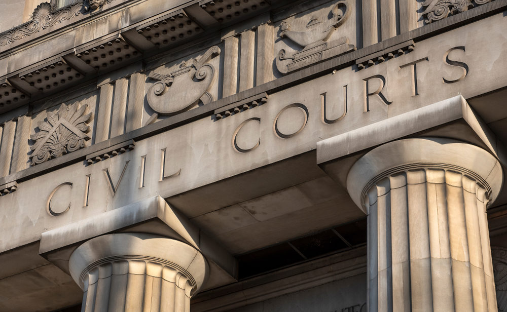 Civil Courts building, stone Greek fluted columns, ornate design