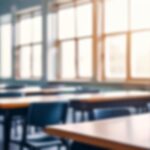  a blurred view of a school classroom with desks and chairs