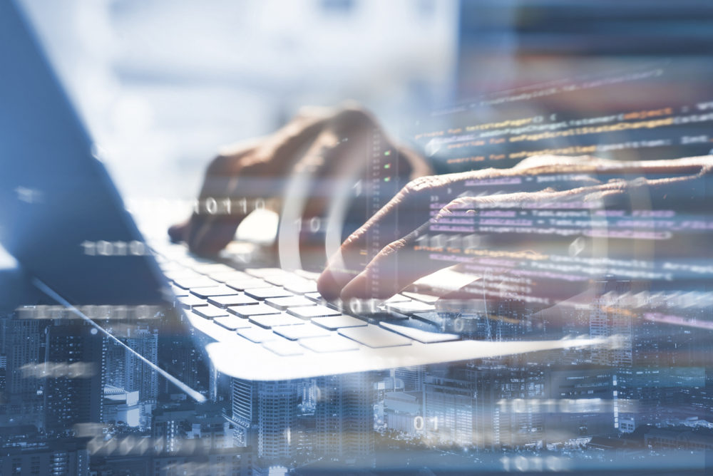 double exposure, man programmer coding on laptop computer with html code, binary on virtual screen, digital software technology development