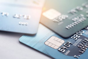 Close-up of serveral credit cards spread on a table