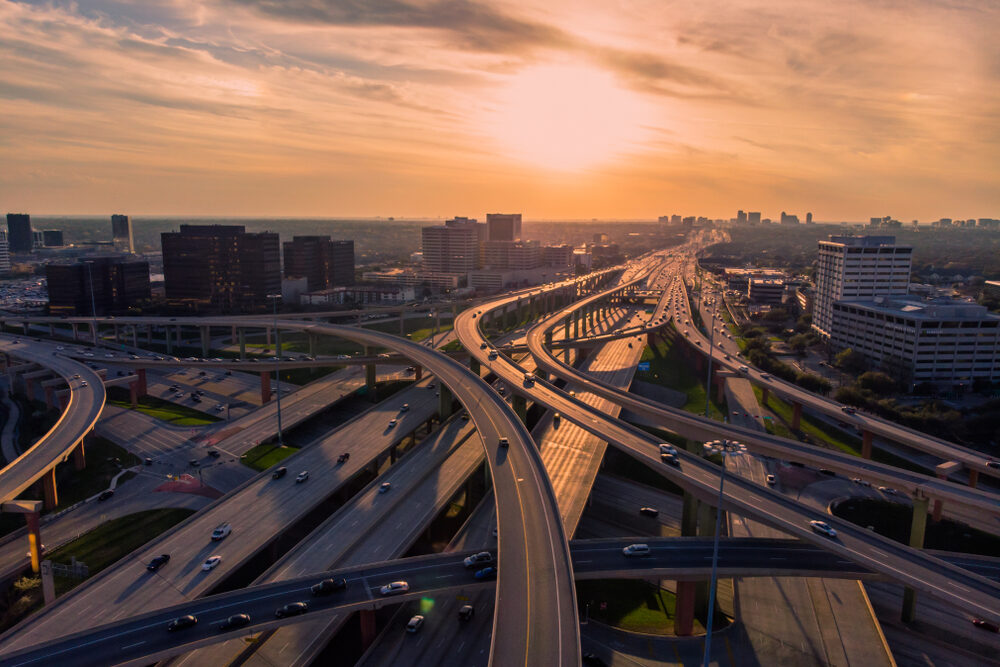 overhead view of dallas texas highways at sunset