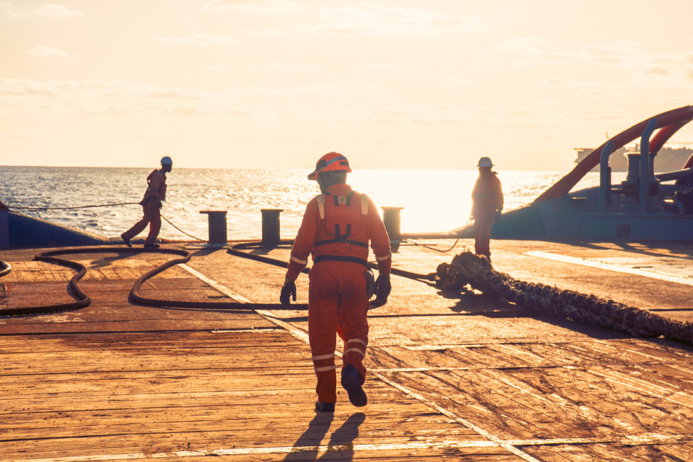 crew preparing vessel for static tow tanker