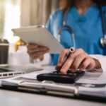 Doctor physician with stethoscope calculating medical fee costs with calculator laptop and tablet
