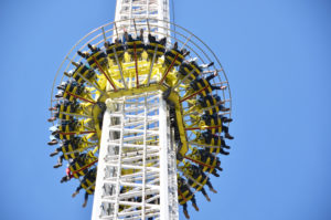 drop tower ride with  people on board