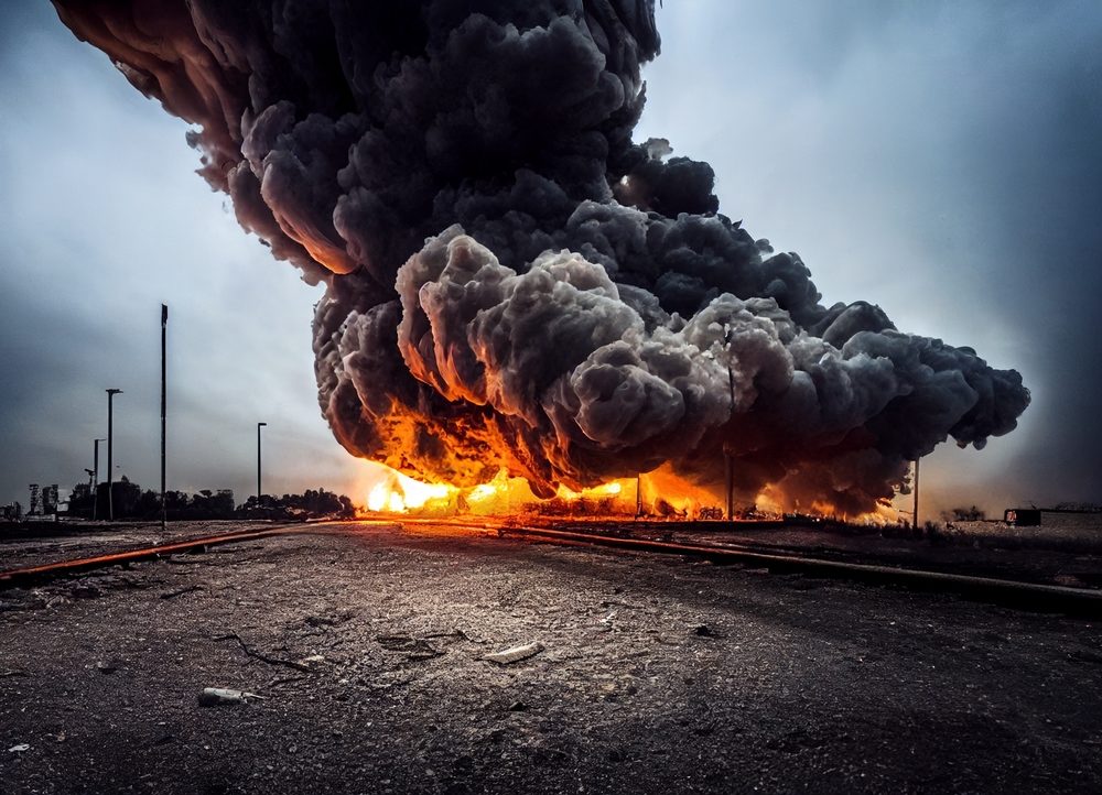 big fire and dark clouds on the train track