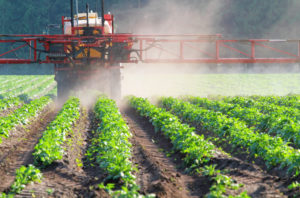 pesticide sprayer on a field with vegetables