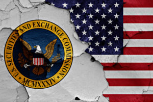 flags of Securities and Exchange Commission and USA painted on cracked wall