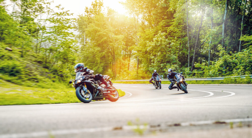 motorbikes on a forest road riding.