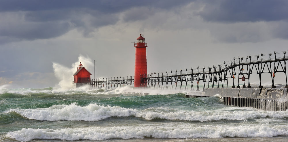 Michigan Considers Banning Great Lake Swimming on Hazardous Days " Wicked Wind" Grand Haven Lighthouse - Grand Haven , Michigan