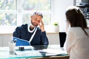 injured middle aged man with neck brace and sling at the desk of an attorney