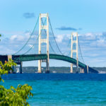 A suspension bridge spanning the Straits of Mackinac to connect the Upper and Lower Peninsulas of Michigan