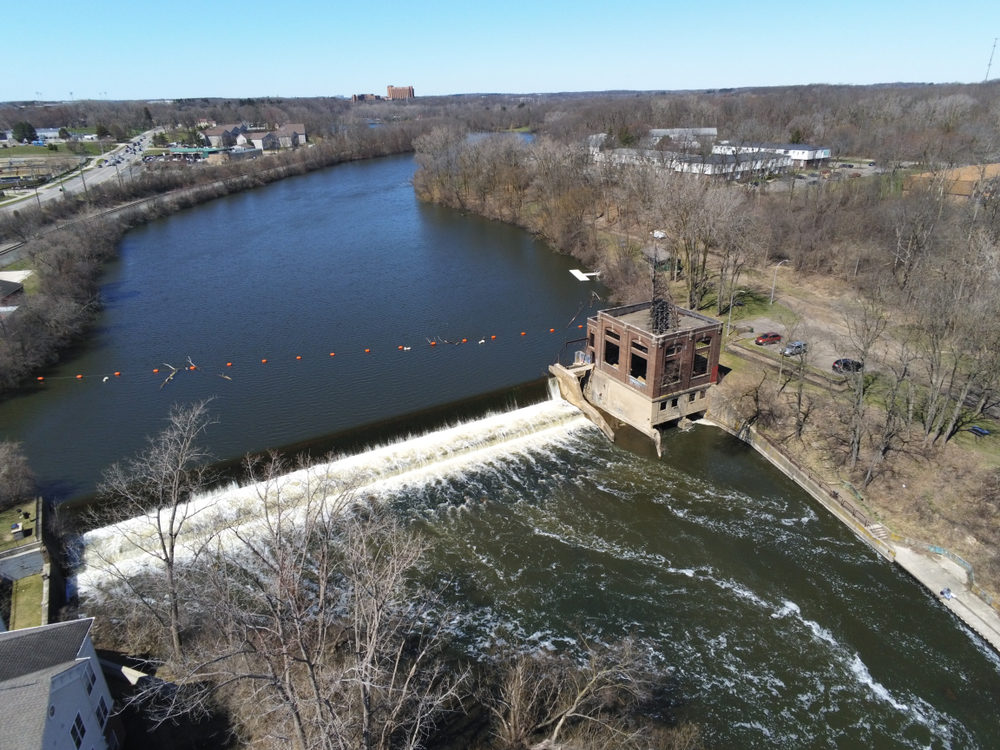 aerial view of Ypsilanti dam on huron river