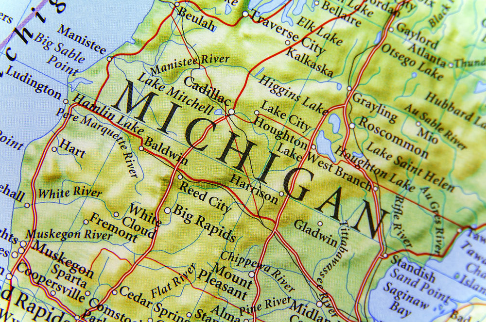 State of Michigan close-up on a map of the USA