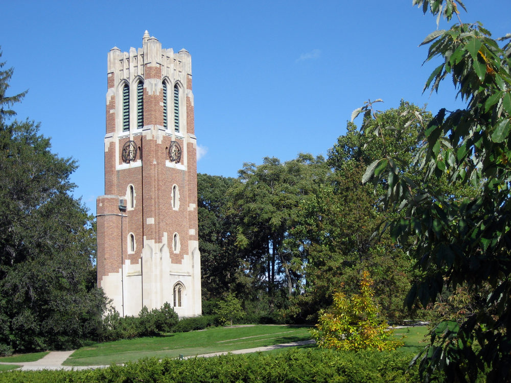 A bell tower on the lush grounds of Michigan State University in East Lansing