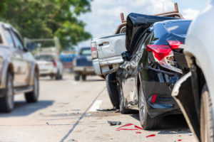 Modern car accident involving many cars on the road