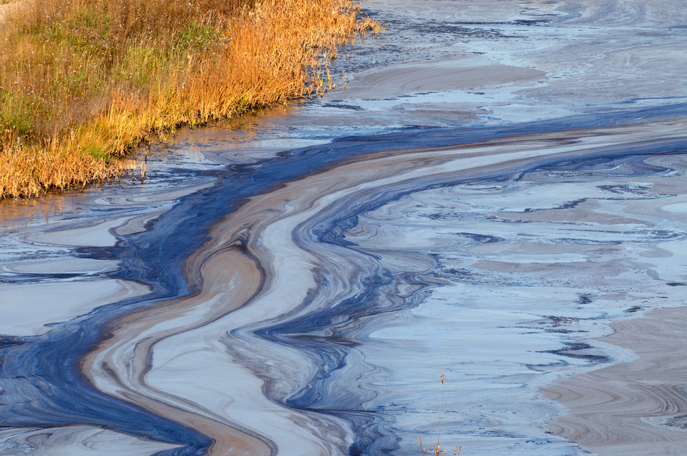 Closeup of an oil slick in water with fall colors in the grass on the shore