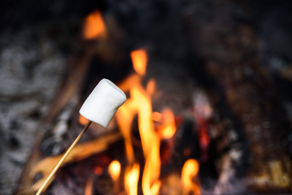 Close-up of a marshmallow on a stick held over a campfire