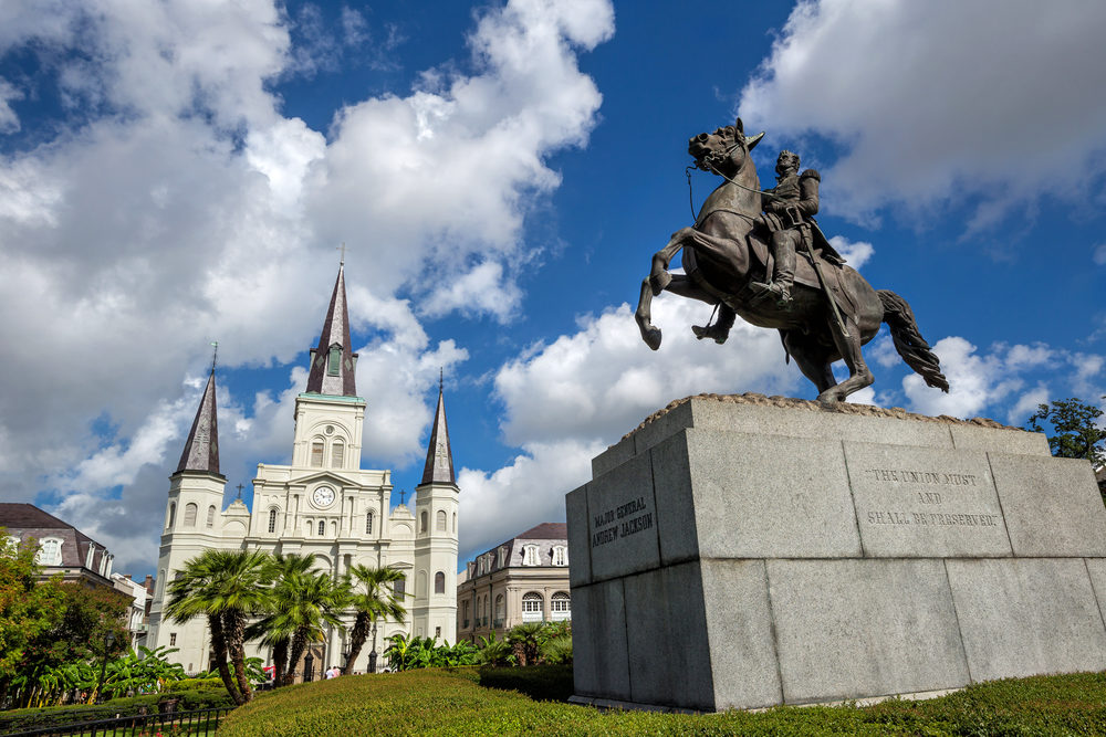Saint Louis Cathedral and statue of Andrew Jackson at the Jackson Square New Orleans