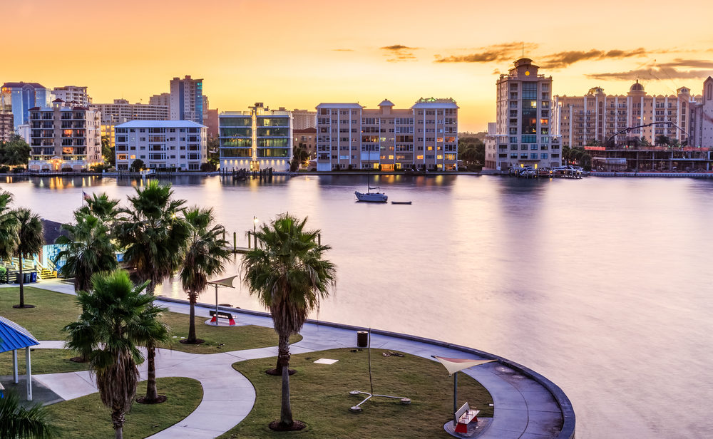 Sarasota skyline at dawn with orange sky