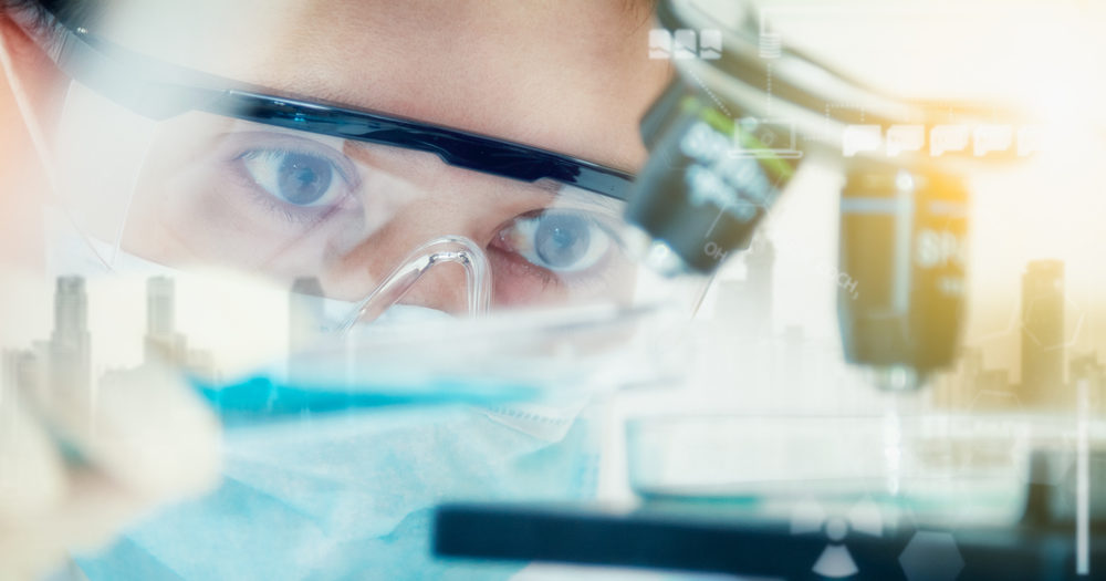 Double exposure of scientist with equipment and science experiments ,laboratory glassware containing chemical liquid