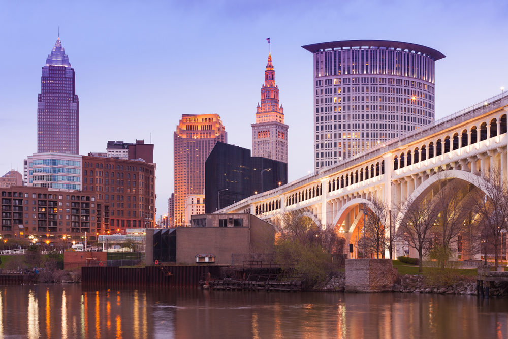 A twilight view of Cleveland, Ohio from across the Cuyahoga River