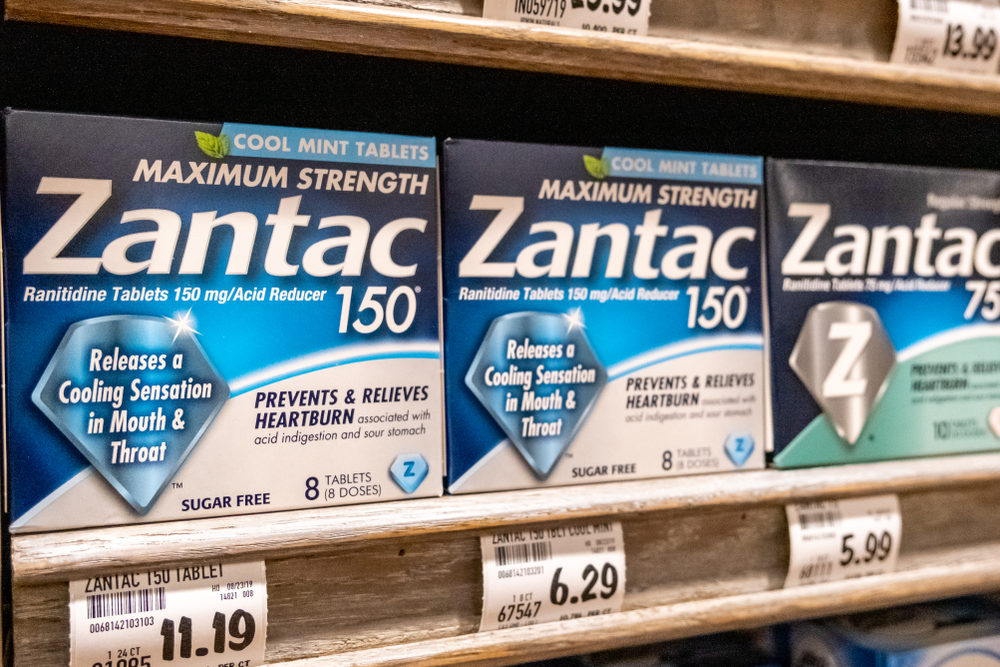 Boxes of Zantac 150 on a supermarket shelf