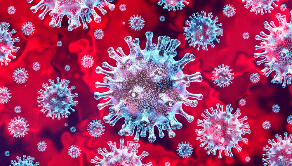 3d rendering of blue coronavirus cells over a red backdrop