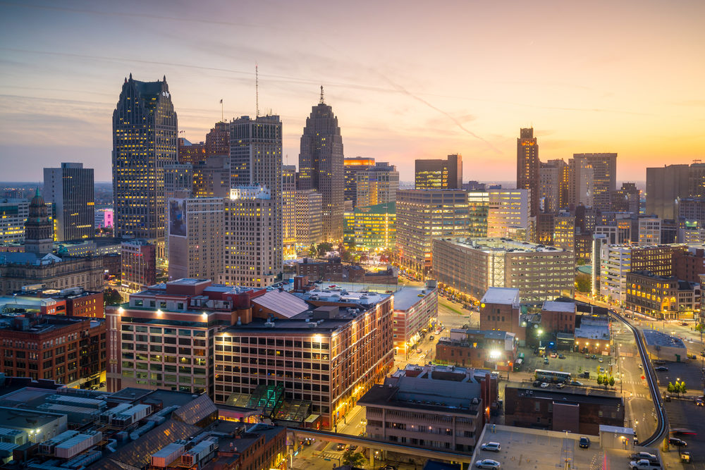 A sunset view of downtown Detroit, Michigan
