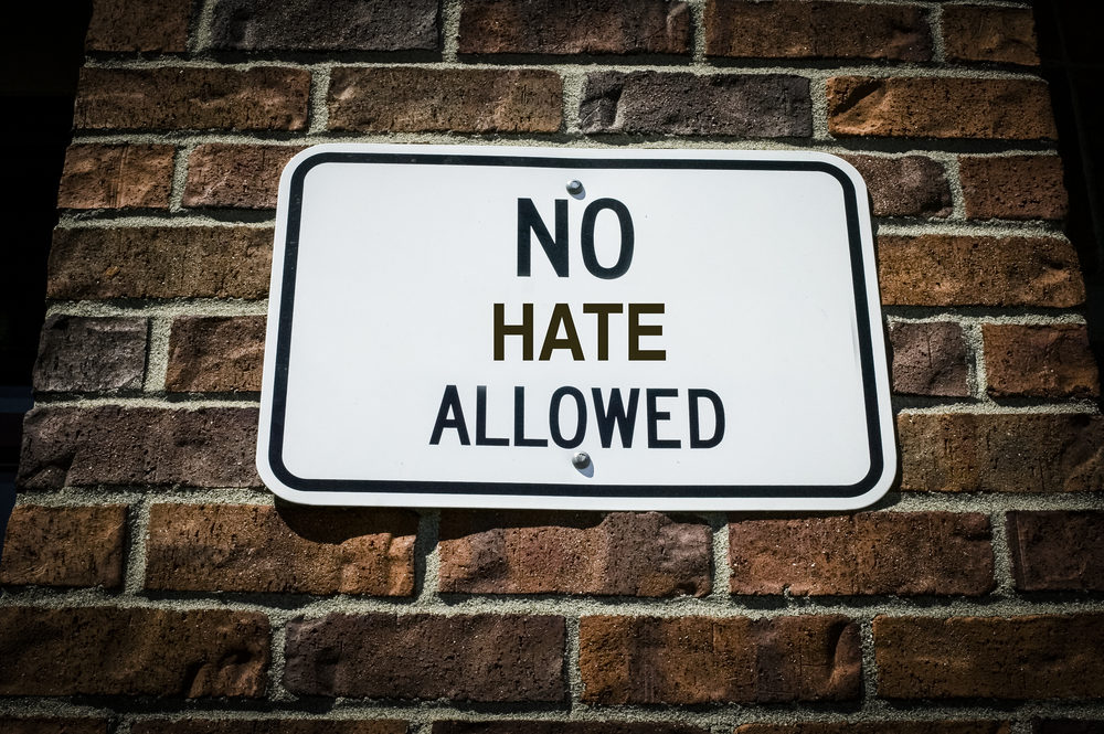 A sign on a brick wall reads "NO HATE ALLOWED"