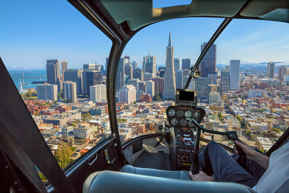 View of downtown San Francisco from a helicopter cockpit
