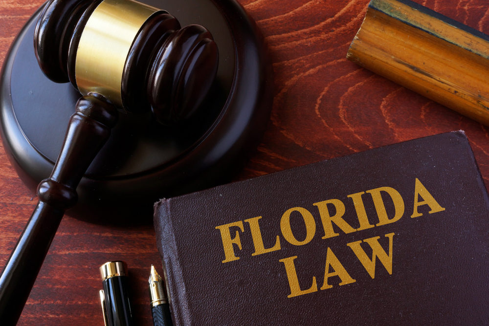 A gavel rests beside a book titled "FLORIDA LAW"