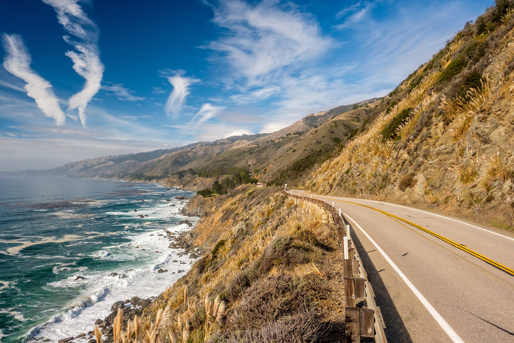 Pacific Coast Highway winding between the ocean and hillside