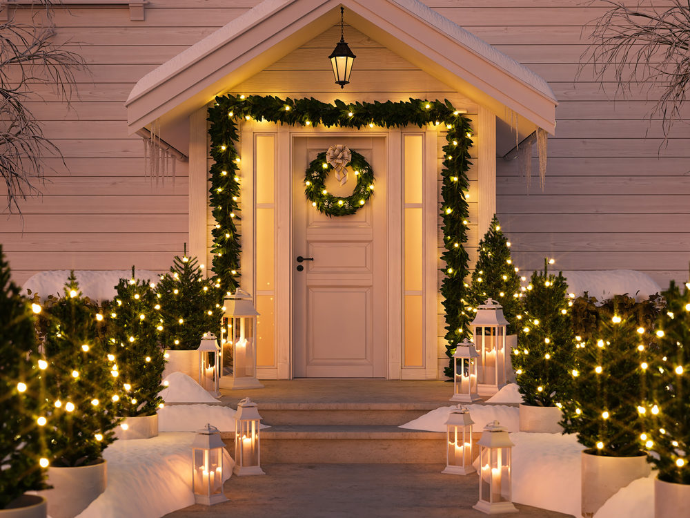 Front door of a house, well decorated for Christmas