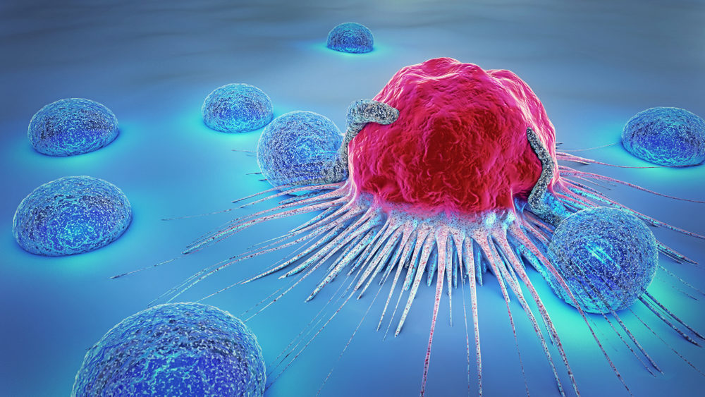 3d rendering of a cancer cell and lymphocytes