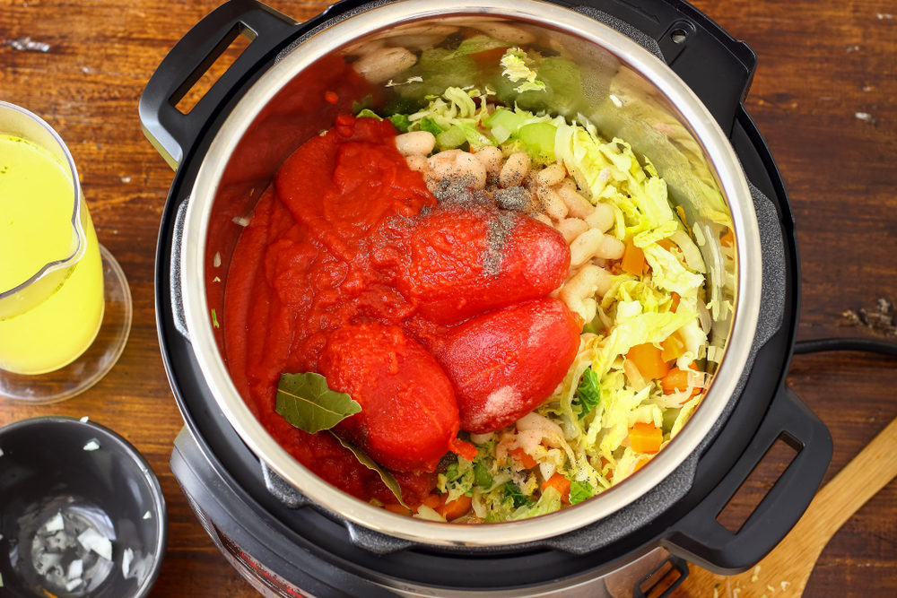 Minestrone soup being prepared in an InstantPot Pressure Cooker