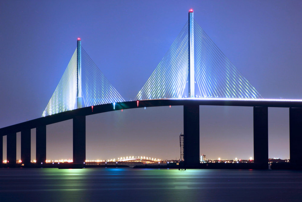 Sunshine skyway bridge at night waterview.