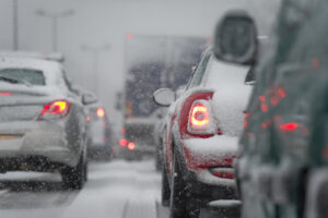 traffic jam on a snow covered highway