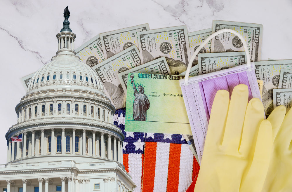 US Capitol Building with images of a facemask, rubber gloves, and cash