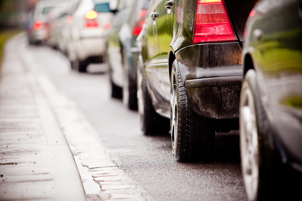 A traffic jam with rows of cars