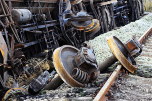 closeup of tracks after a train derailment 
