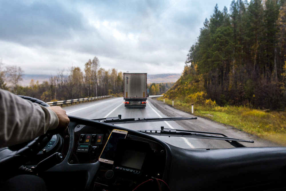 view of the highway from truck cabin