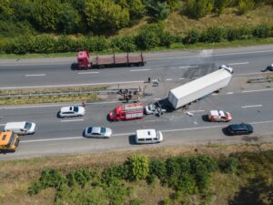 aerial view of accident where a car drove under an eighteen-wheeler