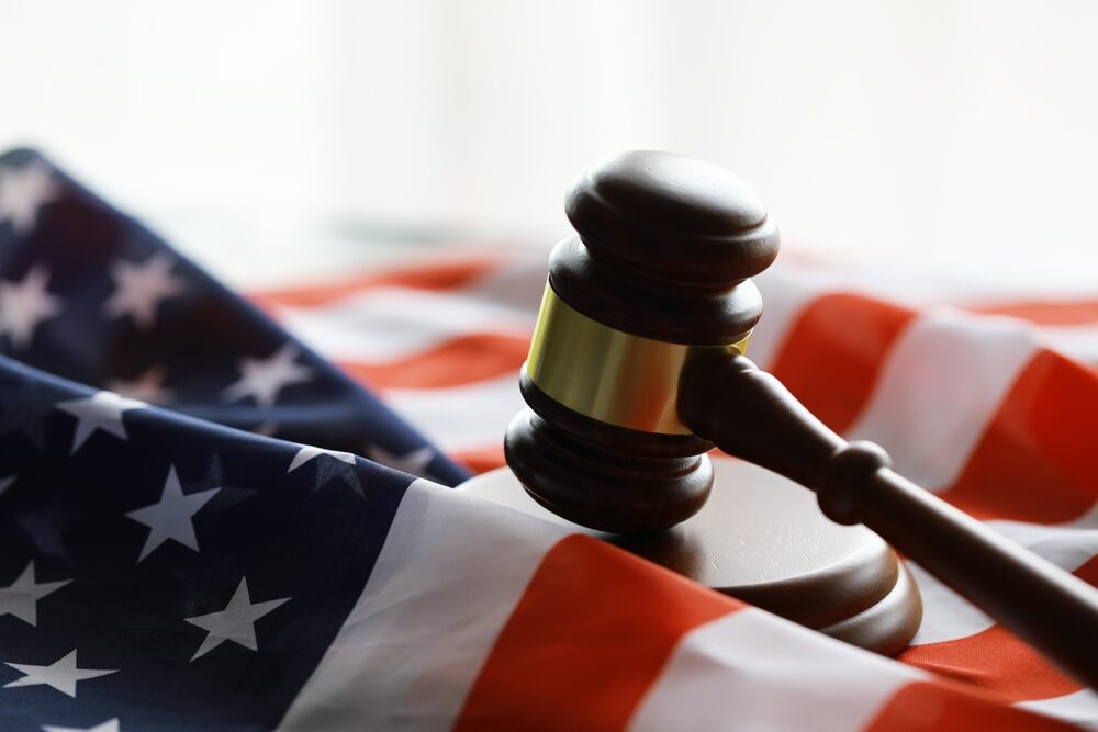 New Immigration Rules in 2024 wooden gavel on an american flag closeup
